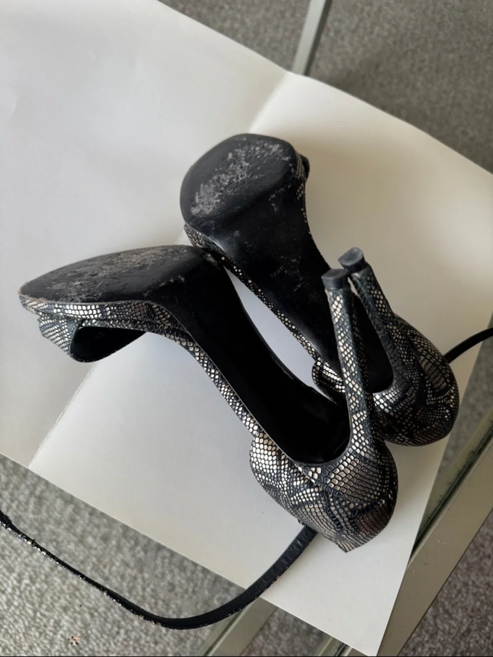 Saint Laurent Black and Silver Snakeskin Ankle-Strap Heels - Picture 4 of 6